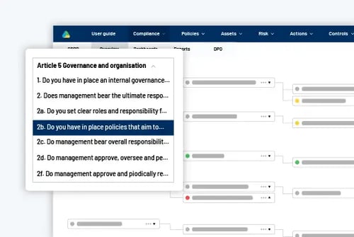Skærmbillede af DORA-løsning med spørgsmål fra artikel 5 om governance og organisation