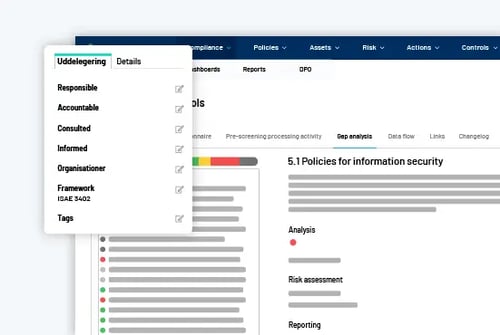 RISMA-visning af opgavefordeling og GAP-analyse relateret til ISAE 3402-indsats.