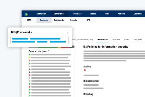 RISMA-platformen viser tilføjelse af frameworks og kontrolkortlægning på tværs af ISAE 3402 og ISO 27001.